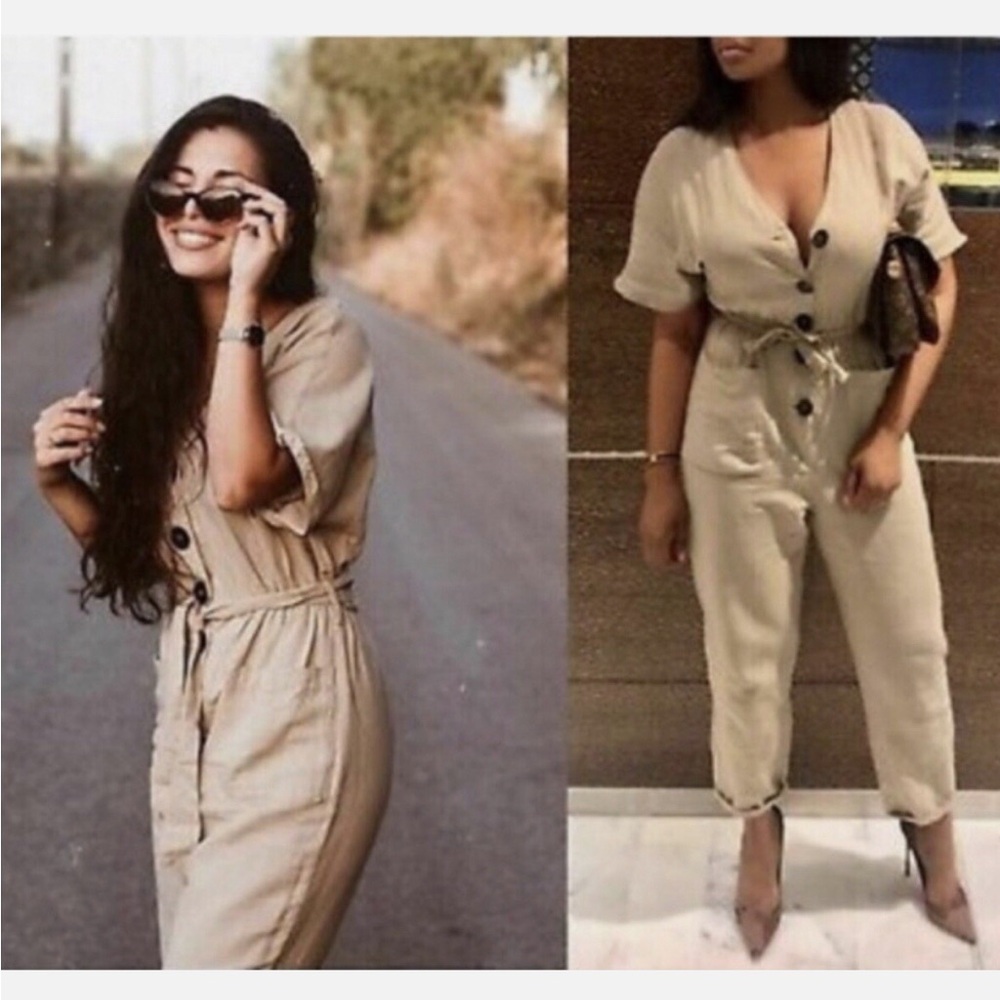 A23 NWT Gilli Buttoned Linen Stylish Tan Jumpsuit